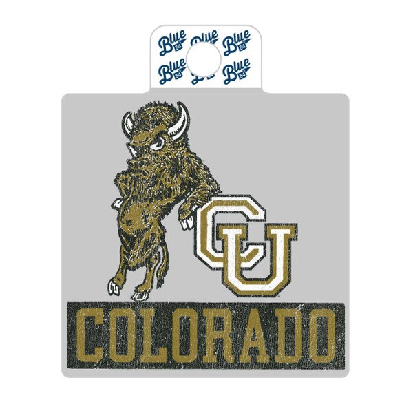 This sticker has a angry faced bison leaning on a gold & white Interlocking CU logo. The bison stands on a black platform that says "Colorado" on the front in bold gold font. The background is gray.